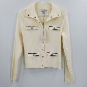 Women's Jason Wu Ivory Ribbed High Neck Snap Button Pullover Sweater Large NEW